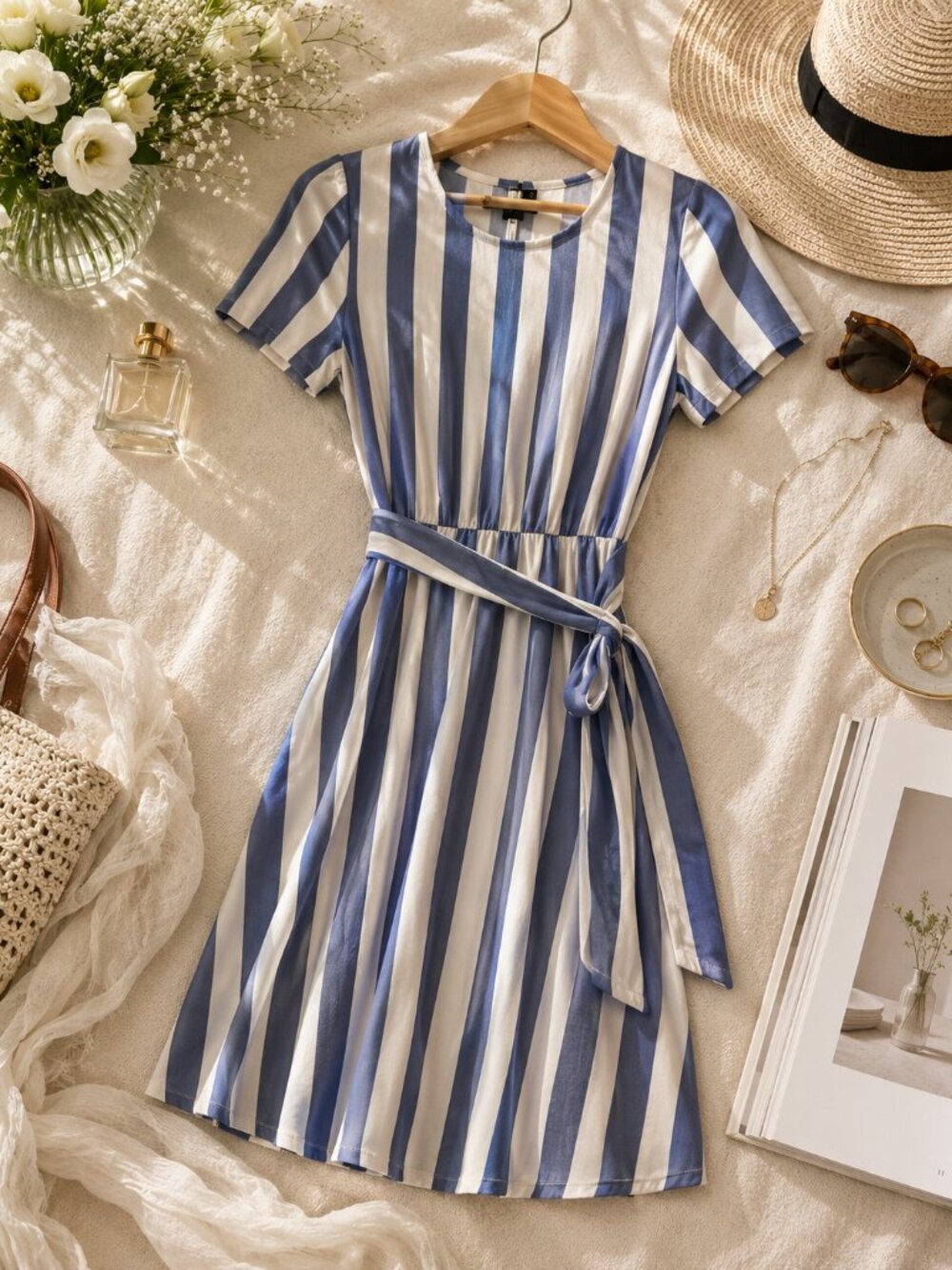 Levaca Women's Medium Blue White Stripe Tie Waist Midi Dress Short Sleeve M